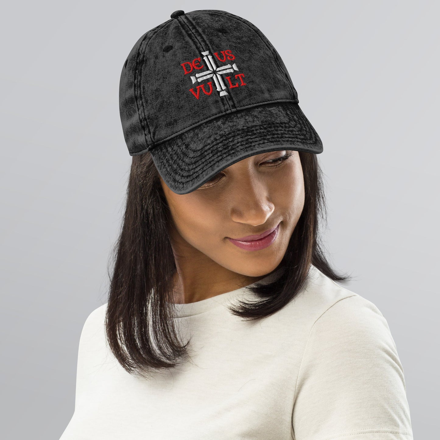 Deus Vult God Wills It Cross Emblem Embroidered Vintage Cotton Twill Cap - Inken Image