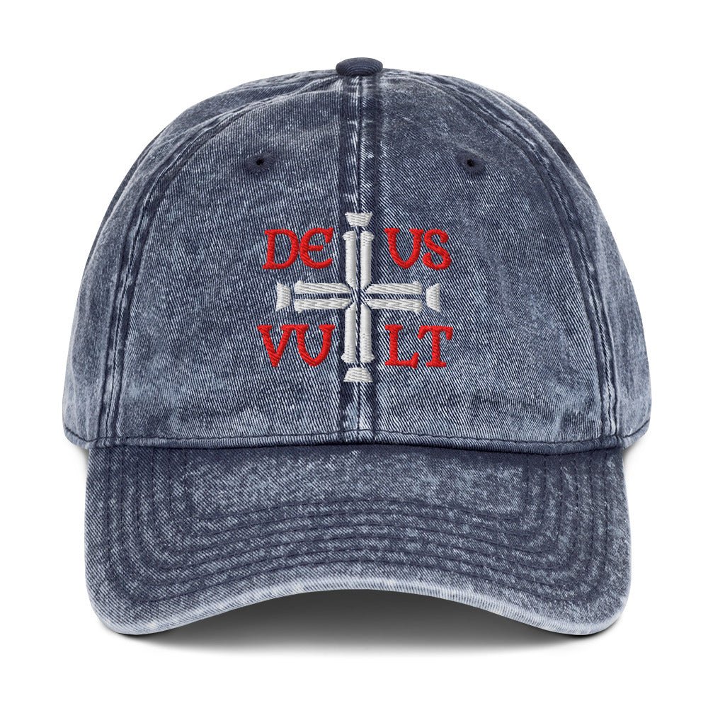 Deus Vult God Wills It Cross Emblem Embroidered Vintage Cotton Twill Cap - Inken Image