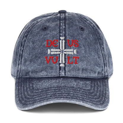 Deus Vult God Wills It Cross Emblem Embroidered Vintage Cotton Twill Cap - Inken Image