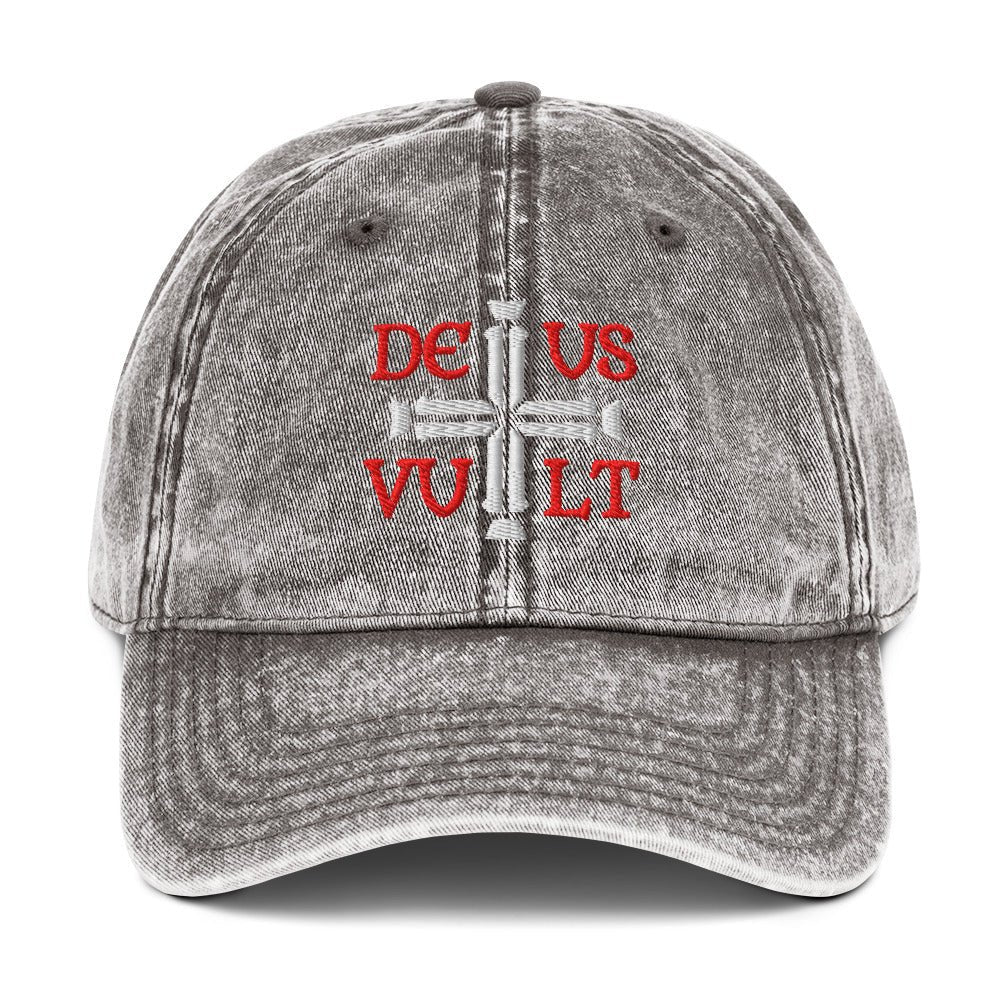Deus Vult God Wills It Cross Emblem Embroidered Vintage Cotton Twill Cap - Inken Image