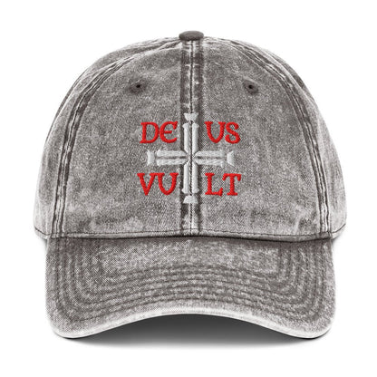 Deus Vult God Wills It Cross Emblem Embroidered Vintage Cotton Twill Cap - Inken Image