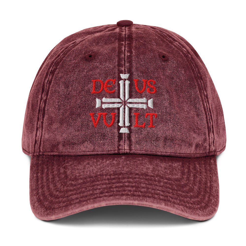Deus Vult God Wills It Cross Emblem Embroidered Vintage Cotton Twill Cap - Inken Image