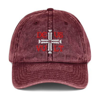 Deus Vult God Wills It Cross Emblem Embroidered Vintage Cotton Twill Cap - Inken Image