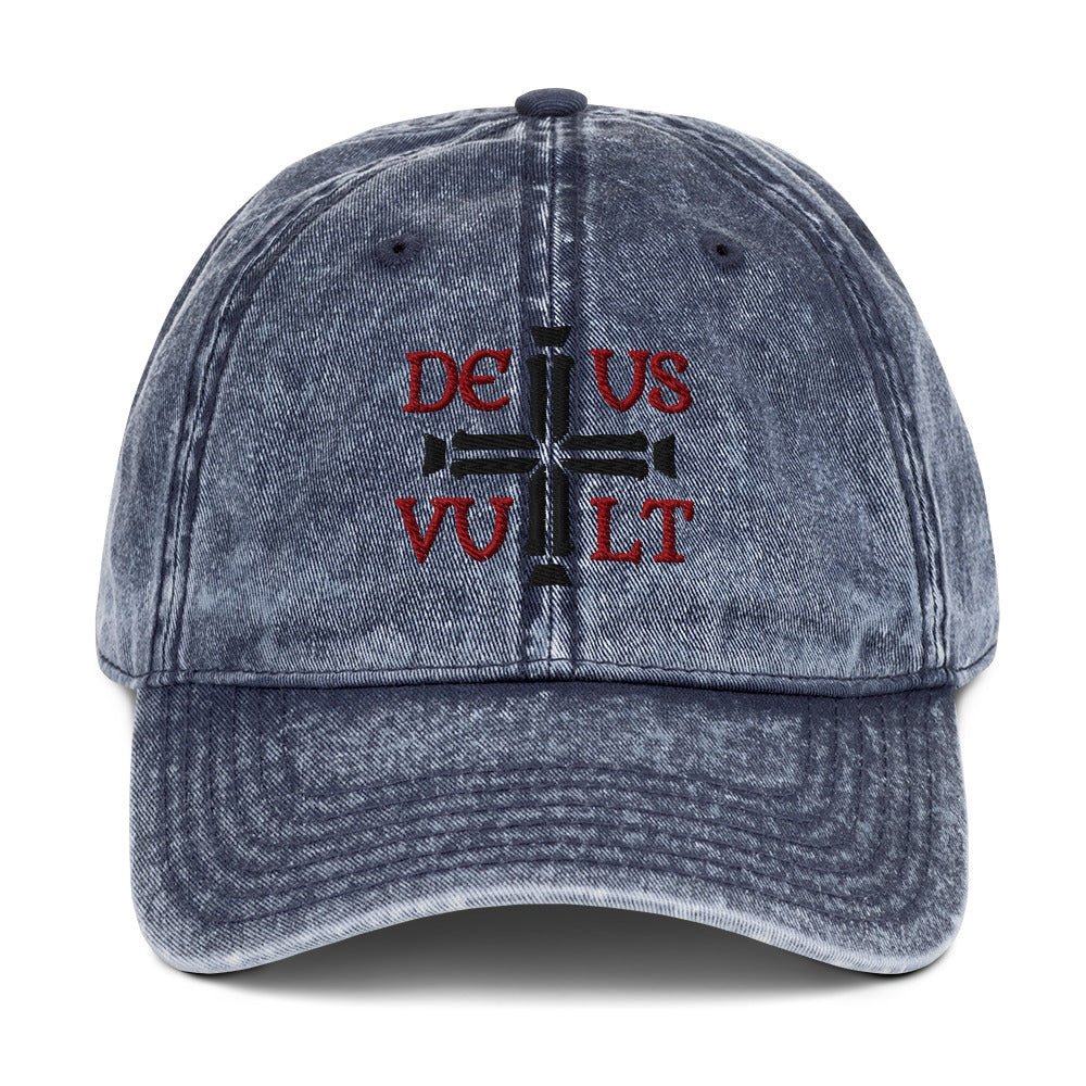 Deus Vult God Wills It Cross Emblem Embroidered Vintage Cotton Twill Cap - Inken Image