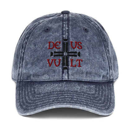 Deus Vult God Wills It Cross Emblem Embroidered Vintage Cotton Twill Cap - Inken Image