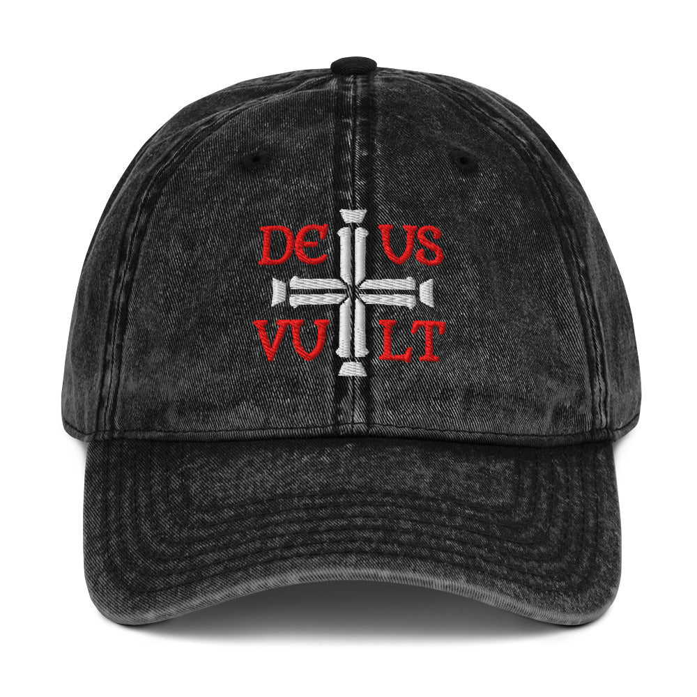 Deus Vult God Wills It Cross Emblem Embroidered Vintage Cotton Twill Cap - Inken Image