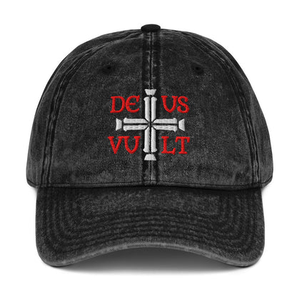 Deus Vult God Wills It Cross Emblem Embroidered Vintage Cotton Twill Cap - Inken Image