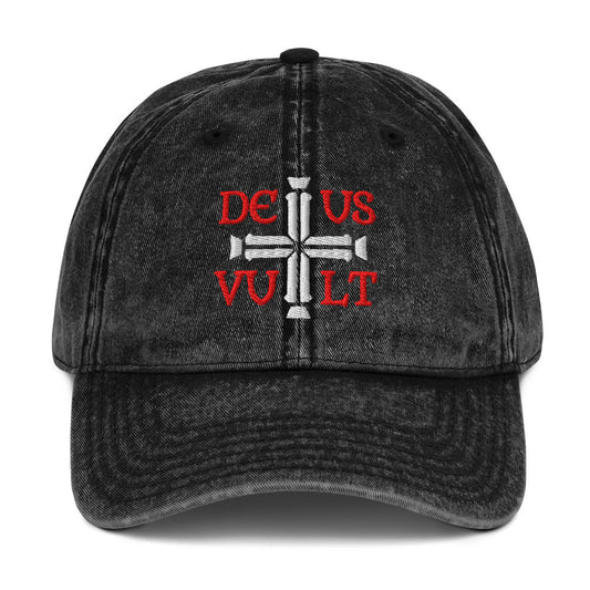 Deus Vult God Wills It Cross Emblem Embroidered Vintage Cotton Twill Cap - Inken Image