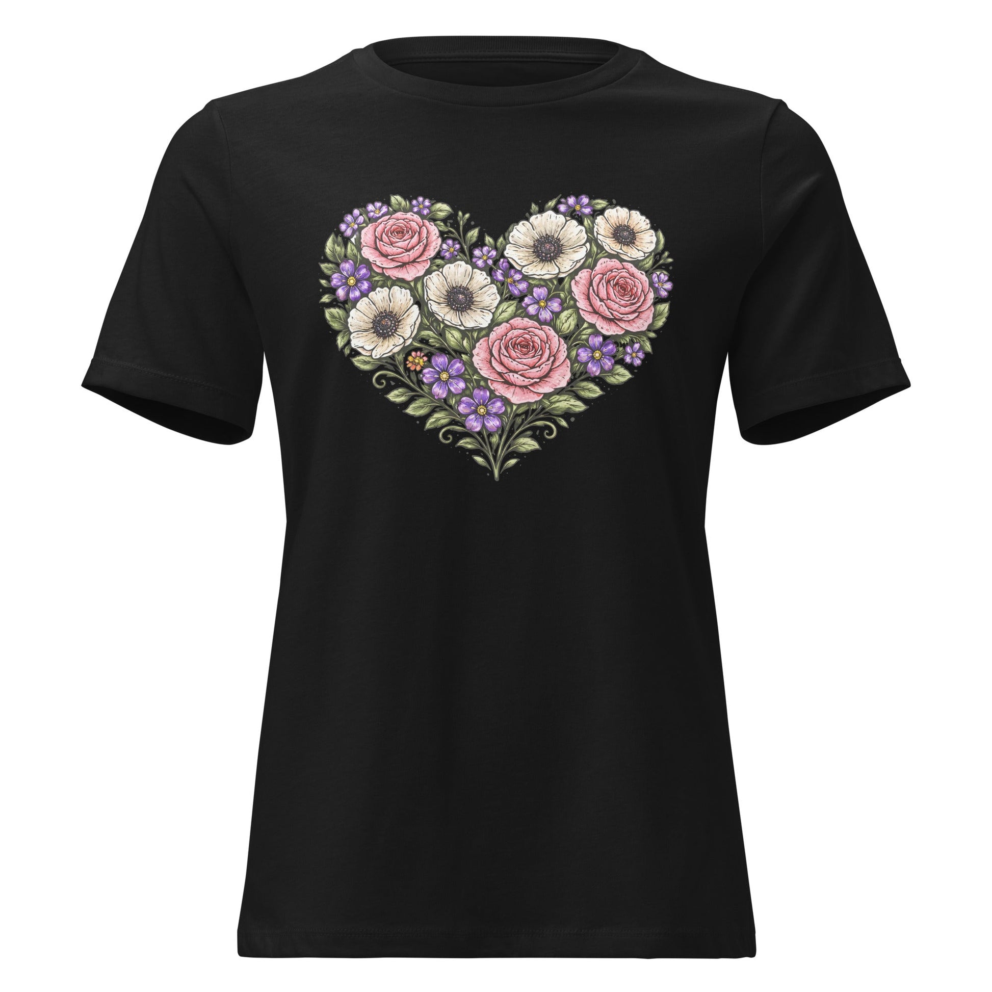 Floral Heart Bouquet Shirt Folk Art Rose Botanical Women's Tee - Inken Image