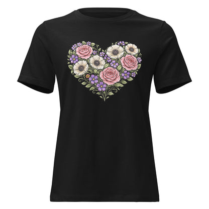 Floral Heart Bouquet Shirt Folk Art Rose Botanical Women's Tee - Inken Image