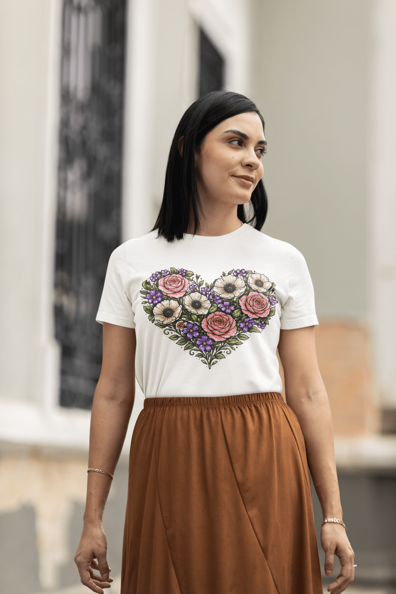 Floral Heart Bouquet Shirt Folk Art Rose Botanical Women's Tee - Inken Image