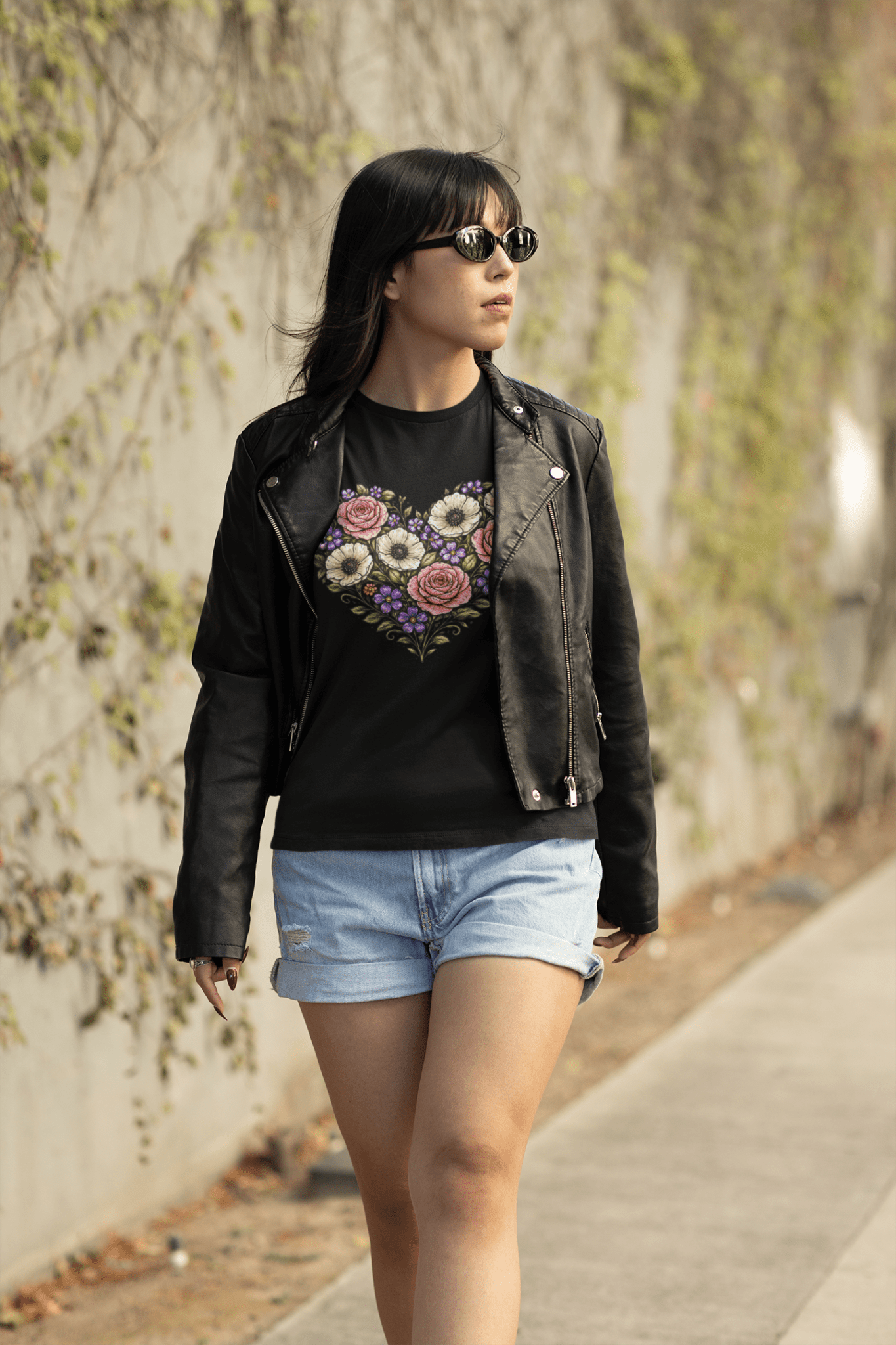 Floral Heart Bouquet Shirt Folk Art Rose Botanical Women's Tee - Inken Image