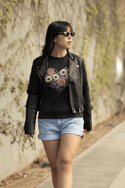 Floral Heart Bouquet Shirt Folk Art Rose Botanical Women's Tee - Inken Image
