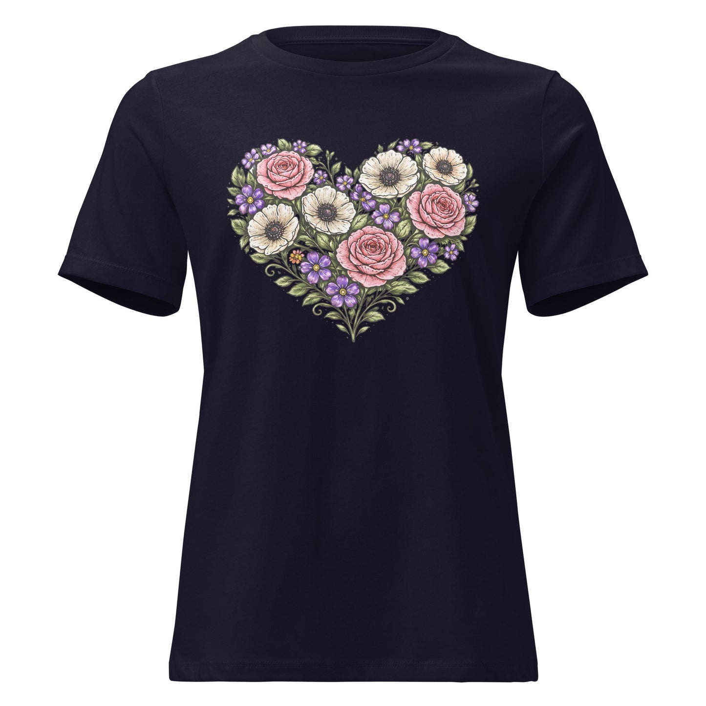 Floral Heart Bouquet Shirt Folk Art Rose Botanical Women's Tee - Inken Image