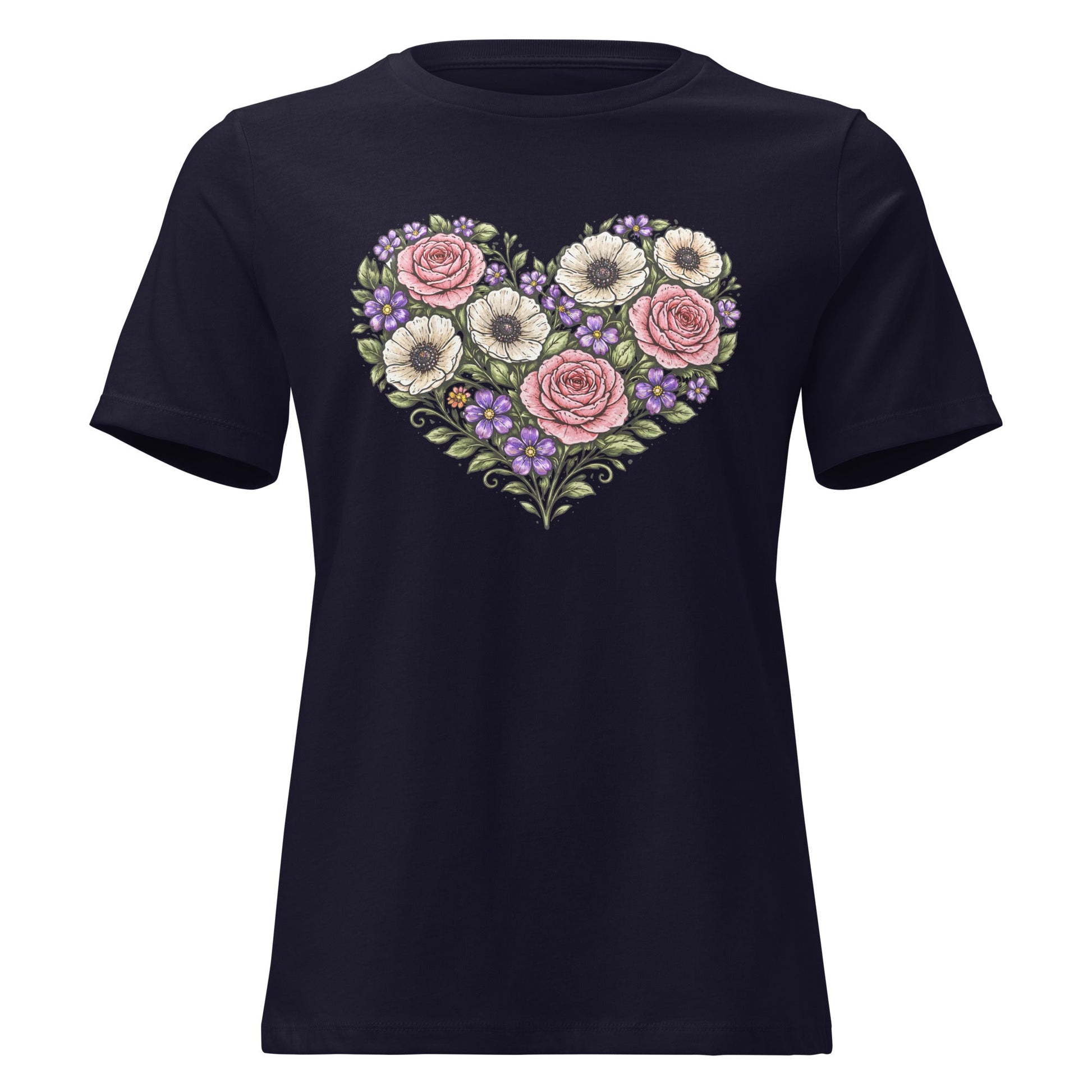 Floral Heart Bouquet Shirt Folk Art Rose Botanical Women's Tee - Inken Image