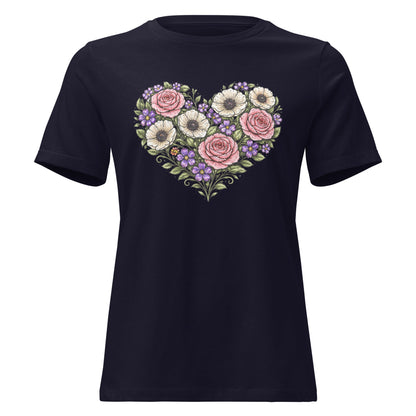 Floral Heart Bouquet Shirt Folk Art Rose Botanical Women's Tee - Inken Image