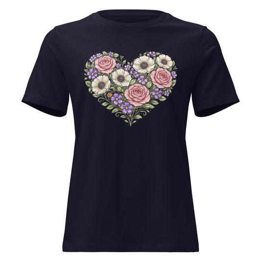 Floral Heart Bouquet Shirt Folk Art Rose Botanical Women's Tee - Inken Image