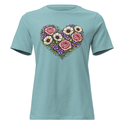 Floral Heart Bouquet Shirt Folk Art Rose Botanical Women's Tee - Inken Image