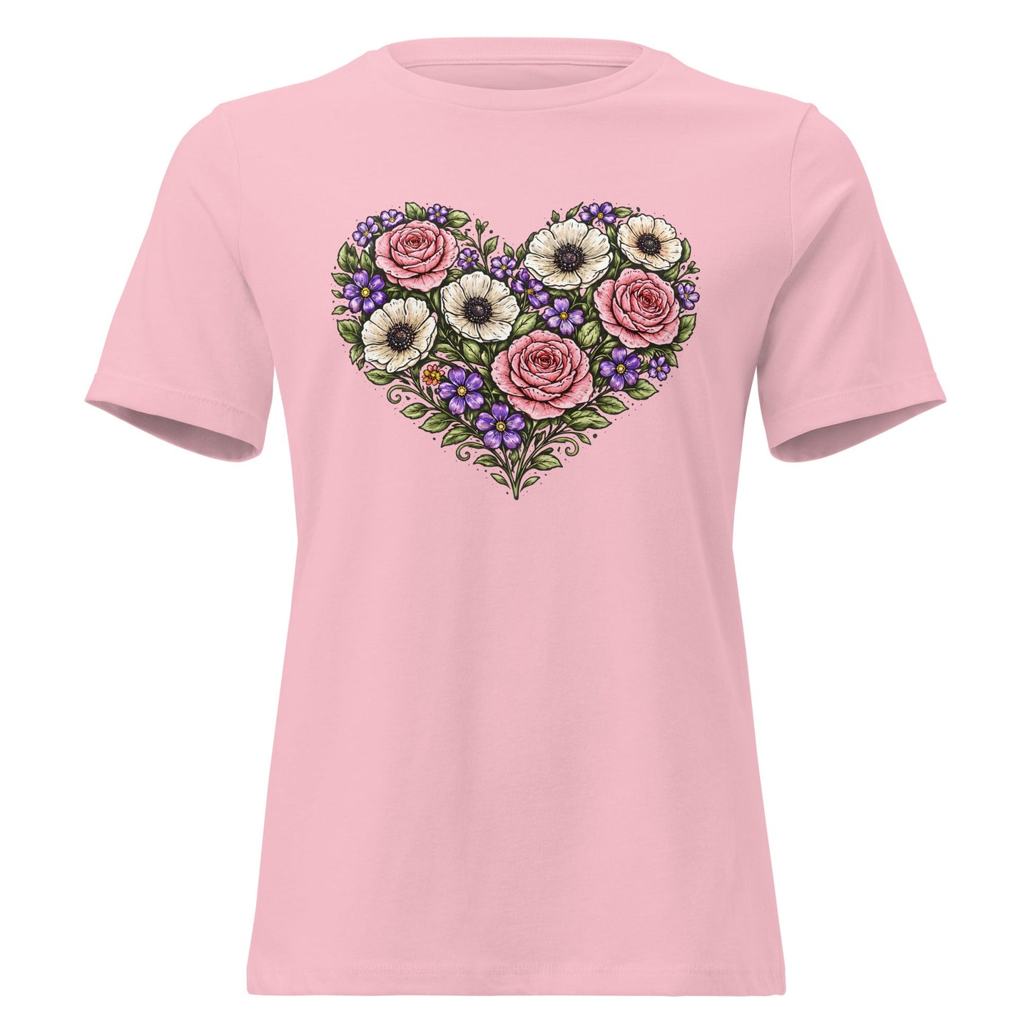 Floral Heart Bouquet Shirt Folk Art Rose Botanical Women's Tee - Inken Image