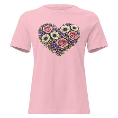 Floral Heart Bouquet Shirt Folk Art Rose Botanical Women's Tee - Inken Image
