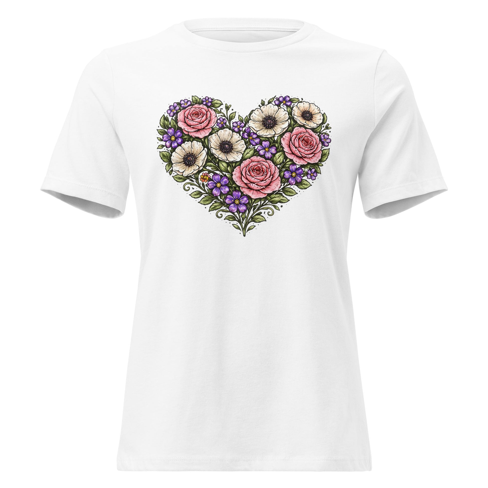 Floral Heart Bouquet Shirt Folk Art Rose Botanical Women's Tee - Inken Image