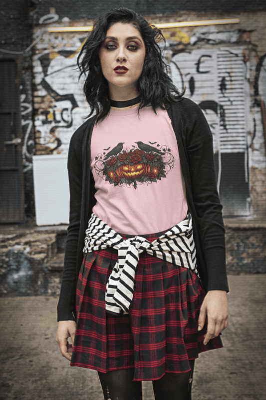 Halloween Bouquet Gothic Jack - o’ - lantern Rose Raven Shirt Gothic Cottagecore Tee - Inken Image