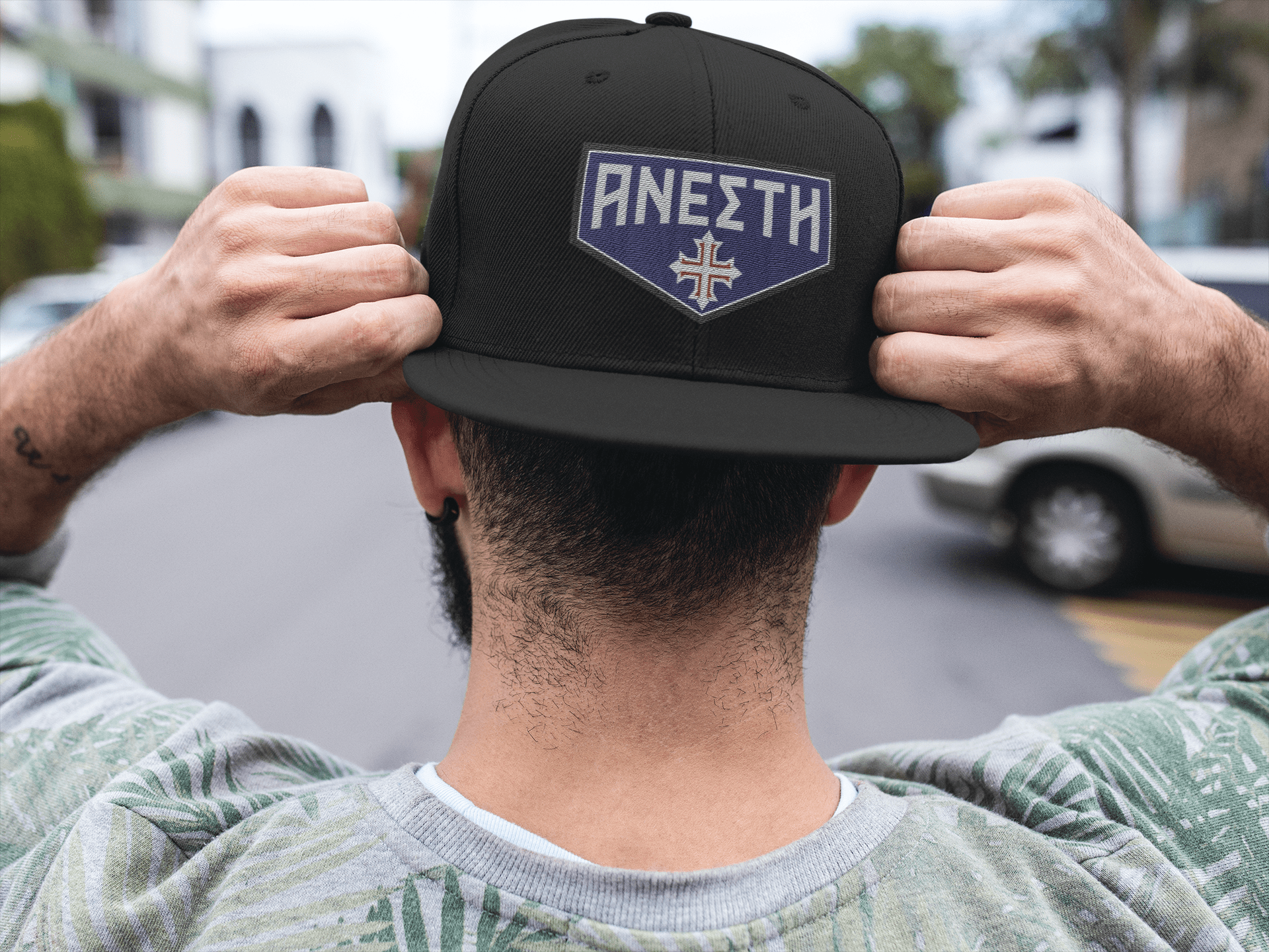 HE IS RISEN Shield Embroidered Snapback in Greek, Slavonic, or Latin - Inken Image