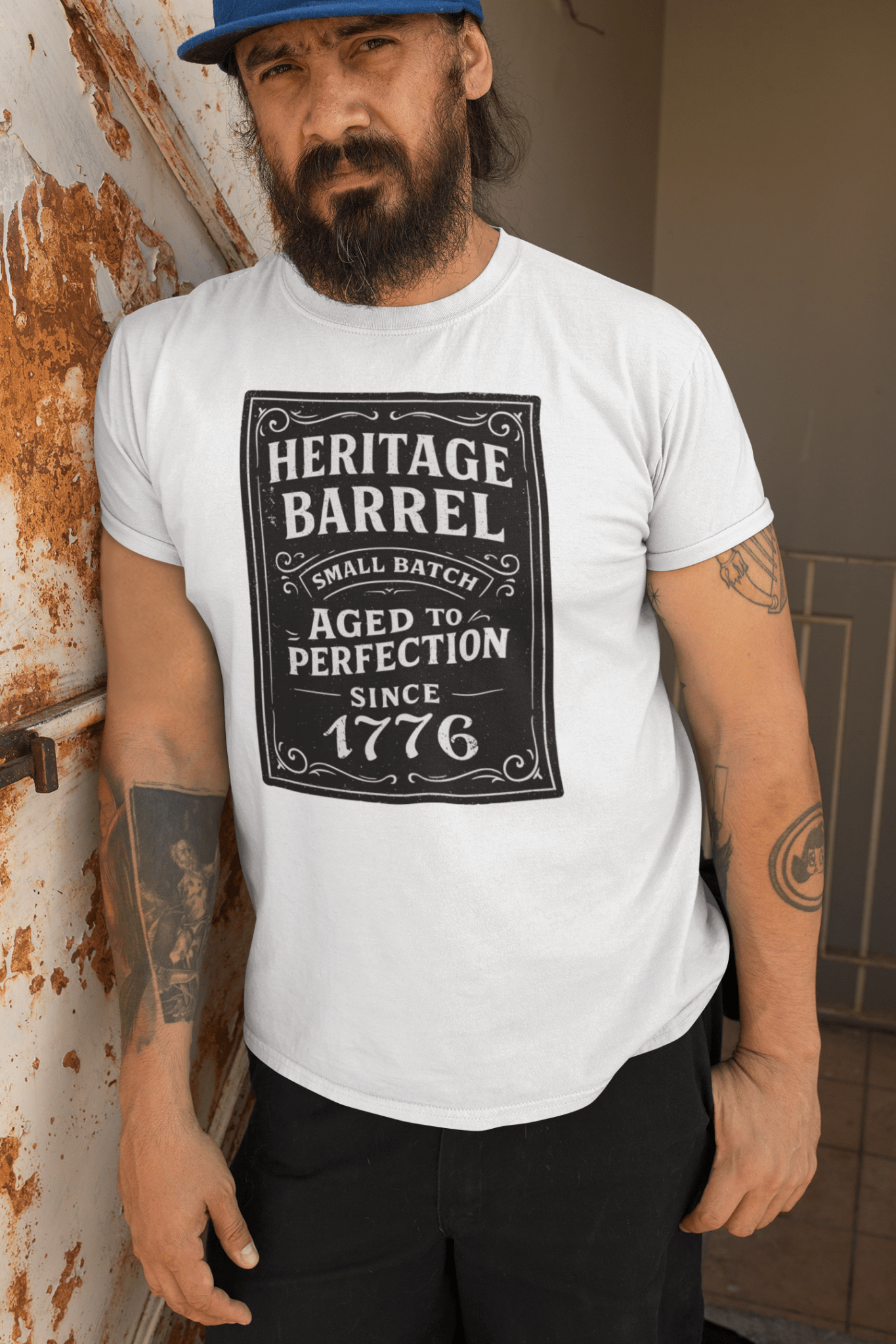 Heritage Barrel Custom Year Vintage Whiskey Label T-Shirt - Inken Image