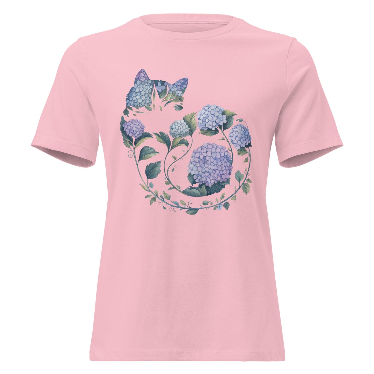 Hydrangea Curled Up Cat Silhouette Botanical T-Shirt - Inken Image