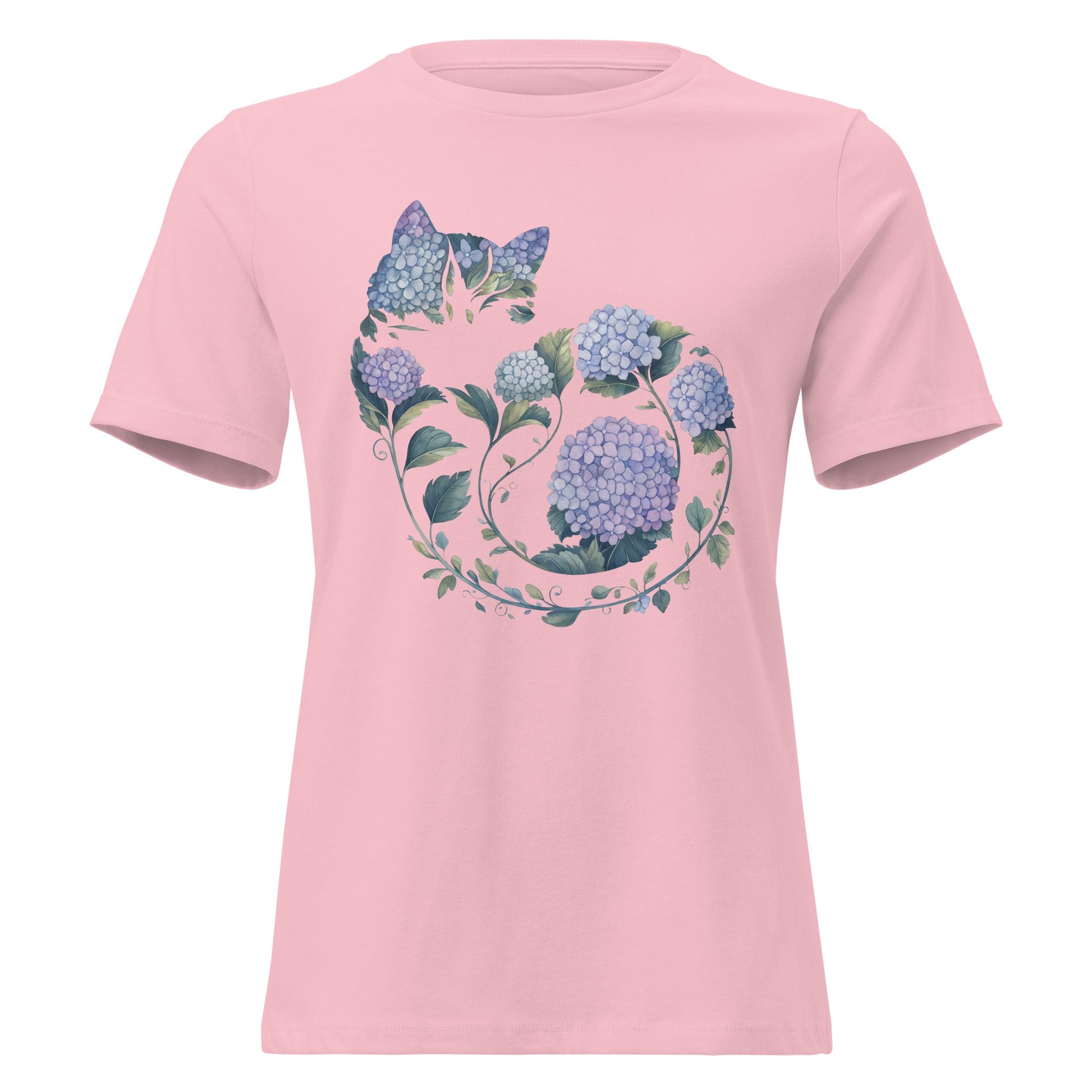 Hydrangea Curled Up Cat Silhouette Botanical T-Shirt - Inken Image