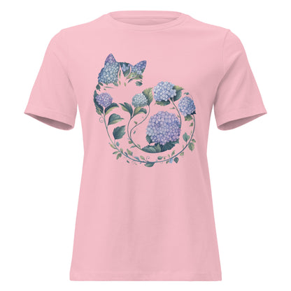 Hydrangea Curled Up Cat Silhouette Botanical T-Shirt - Inken Image