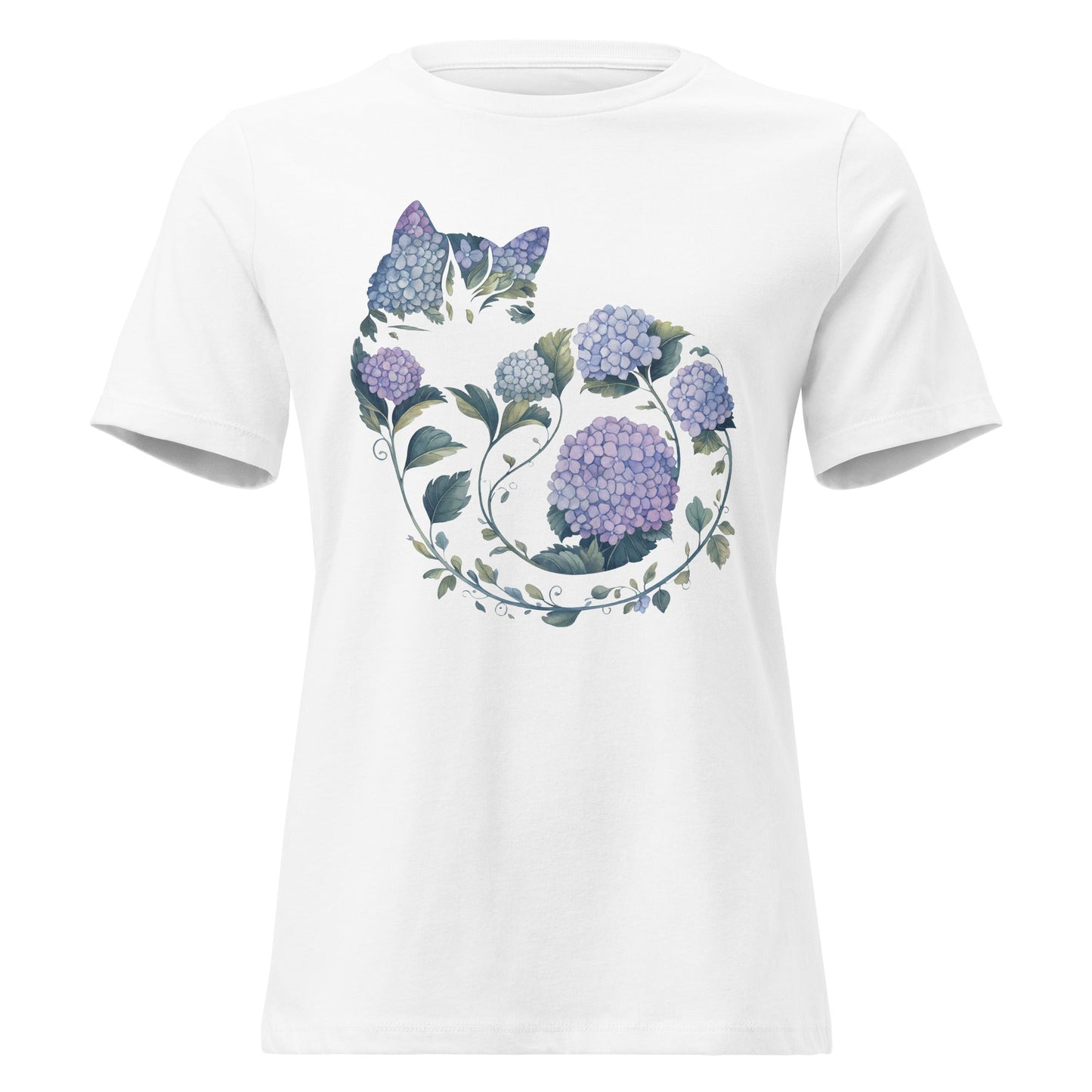 Hydrangea Curled Up Cat Silhouette Botanical T-Shirt - Inken Image