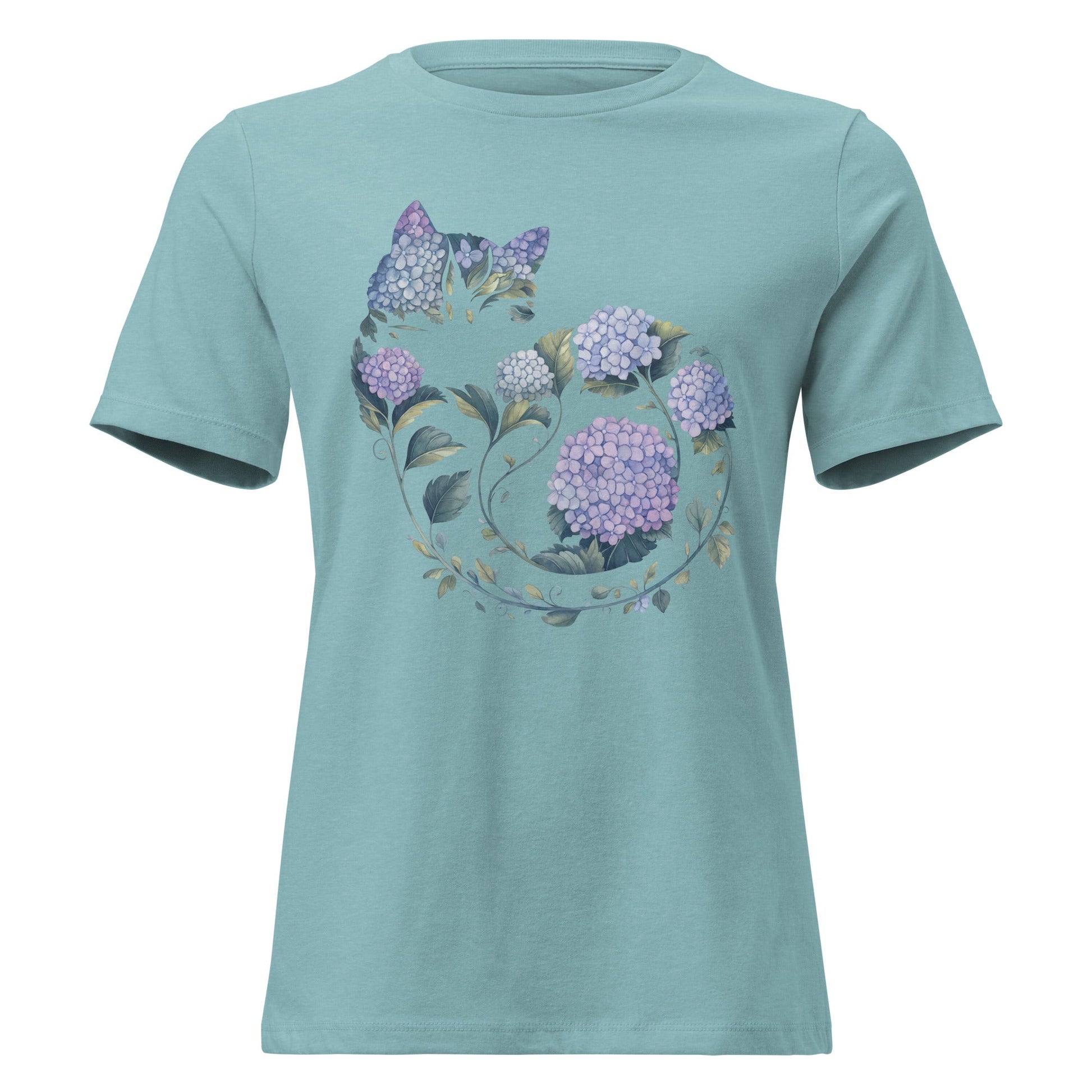 Hydrangea Curled Up Cat Silhouette Botanical T-Shirt - Inken Image