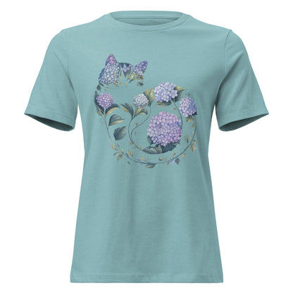 Hydrangea Curled Up Cat Silhouette Botanical T-Shirt - Inken Image