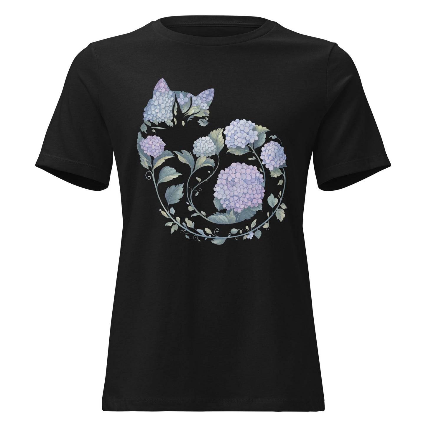Hydrangea Curled Up Cat Silhouette Botanical T-Shirt - Inken Image