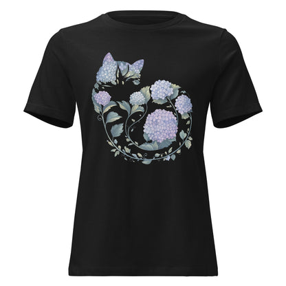 Hydrangea Curled Up Cat Silhouette Botanical T-Shirt - Inken Image