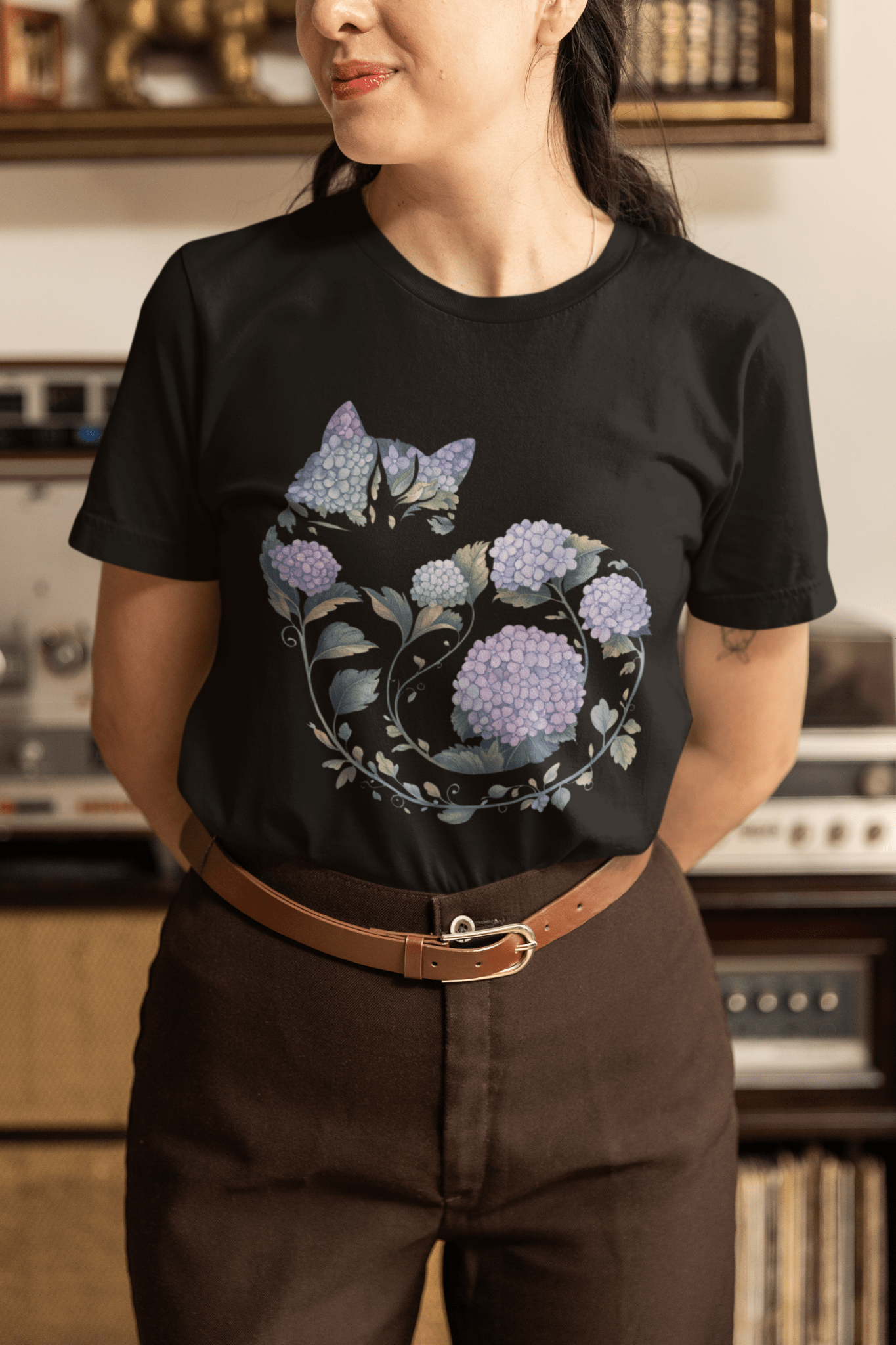 Hydrangea Curled Up Cat Silhouette Botanical T-Shirt - Inken Image