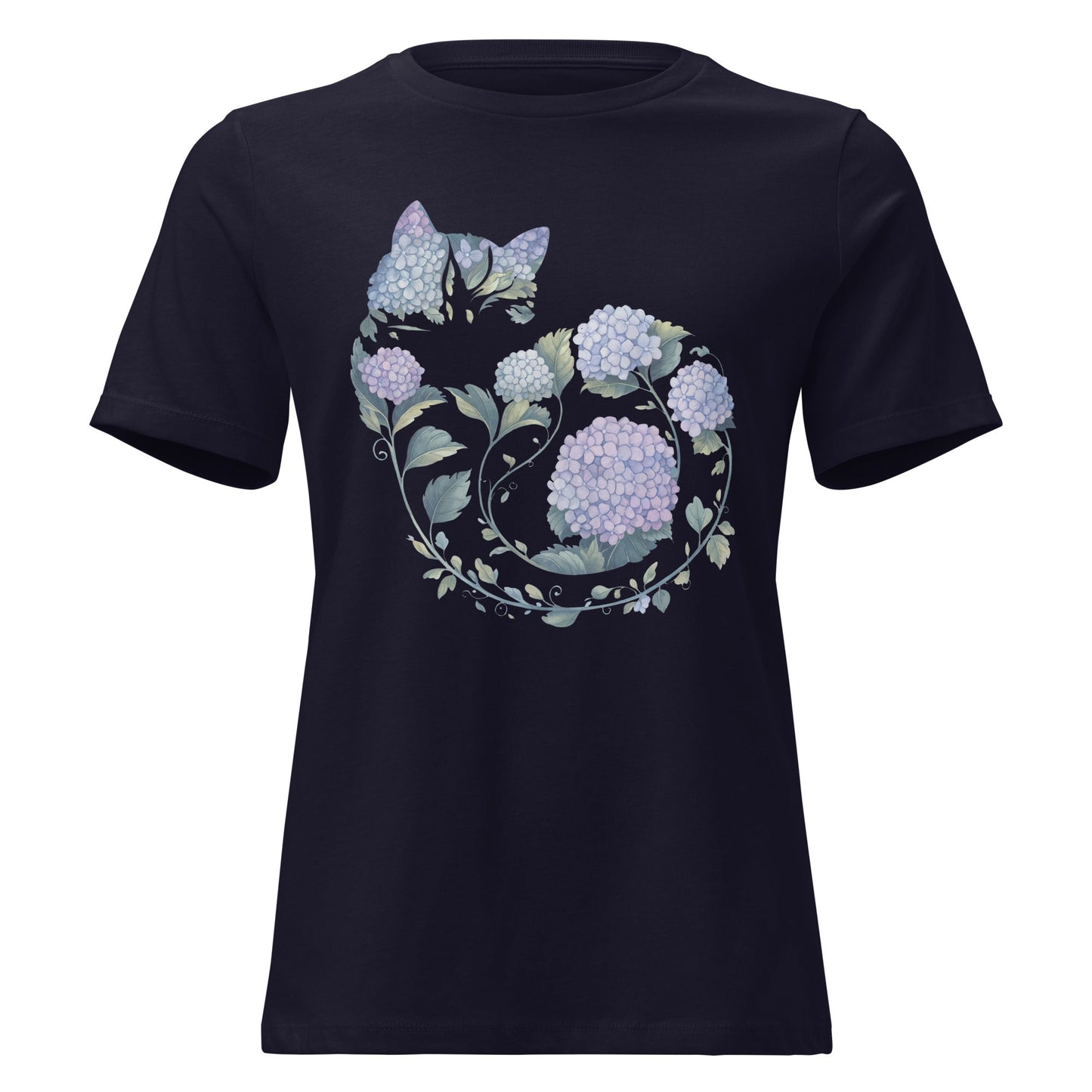Hydrangea Curled Up Cat Silhouette Botanical T-Shirt - Inken Image