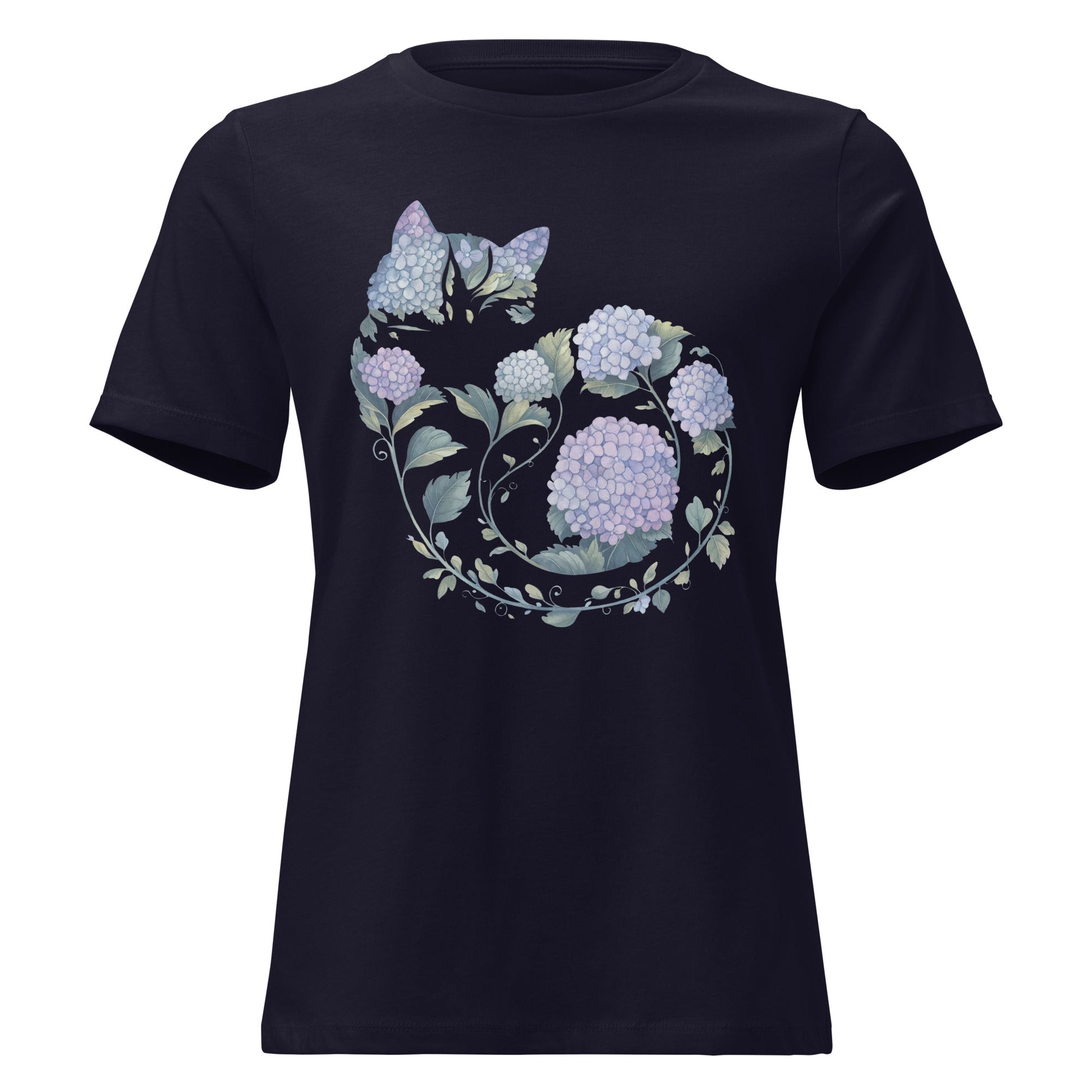 Hydrangea Curled Up Cat Silhouette Botanical T-Shirt - Inken Image
