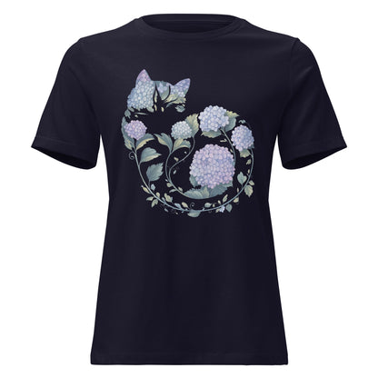 Hydrangea Curled Up Cat Silhouette Botanical T-Shirt - Inken Image