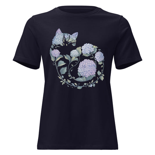 Hydrangea Curled Up Cat Silhouette Botanical T-Shirt - Inken Image