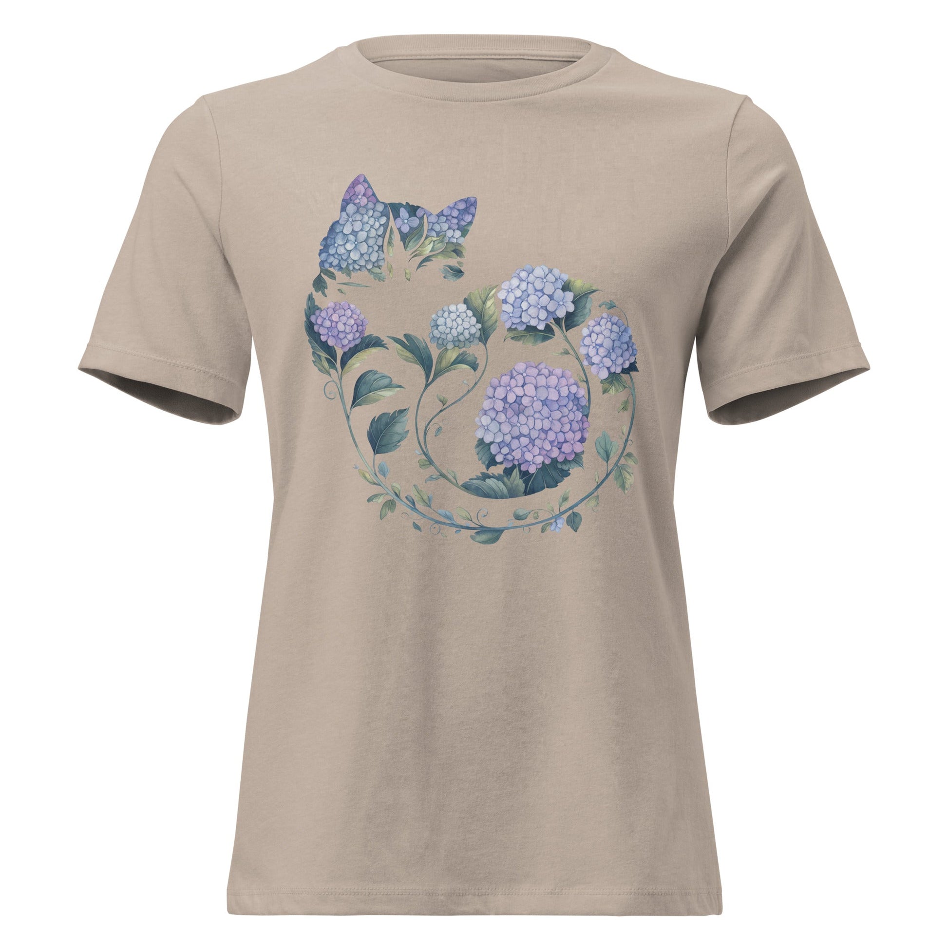Hydrangea Curled Up Cat Silhouette Botanical T-Shirt - Inken Image
