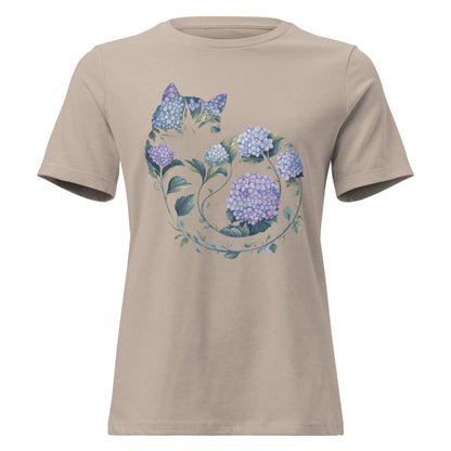 Hydrangea Curled Up Cat Silhouette Botanical T-Shirt - Inken Image
