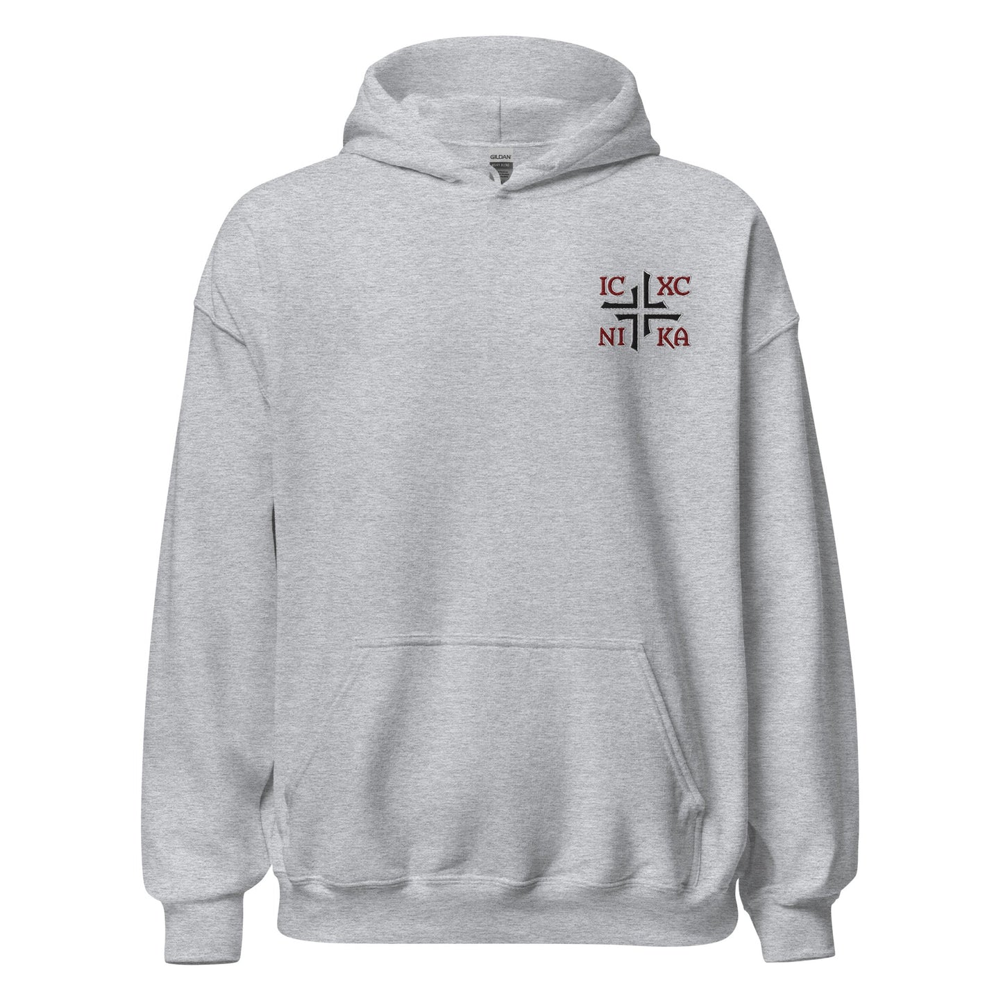 IC XC NIKA Jesus Christ Conquers Asymmetric Cross Emblem Embroidered Hoodie - Inken Image