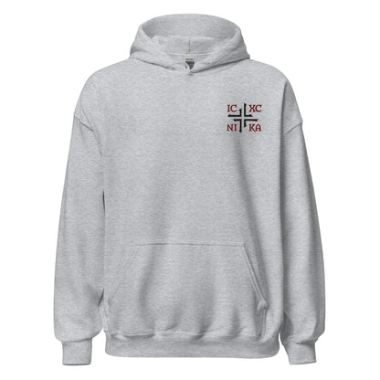 IC XC NIKA Jesus Christ Conquers Asymmetric Cross Emblem Embroidered Hoodie - Inken Image