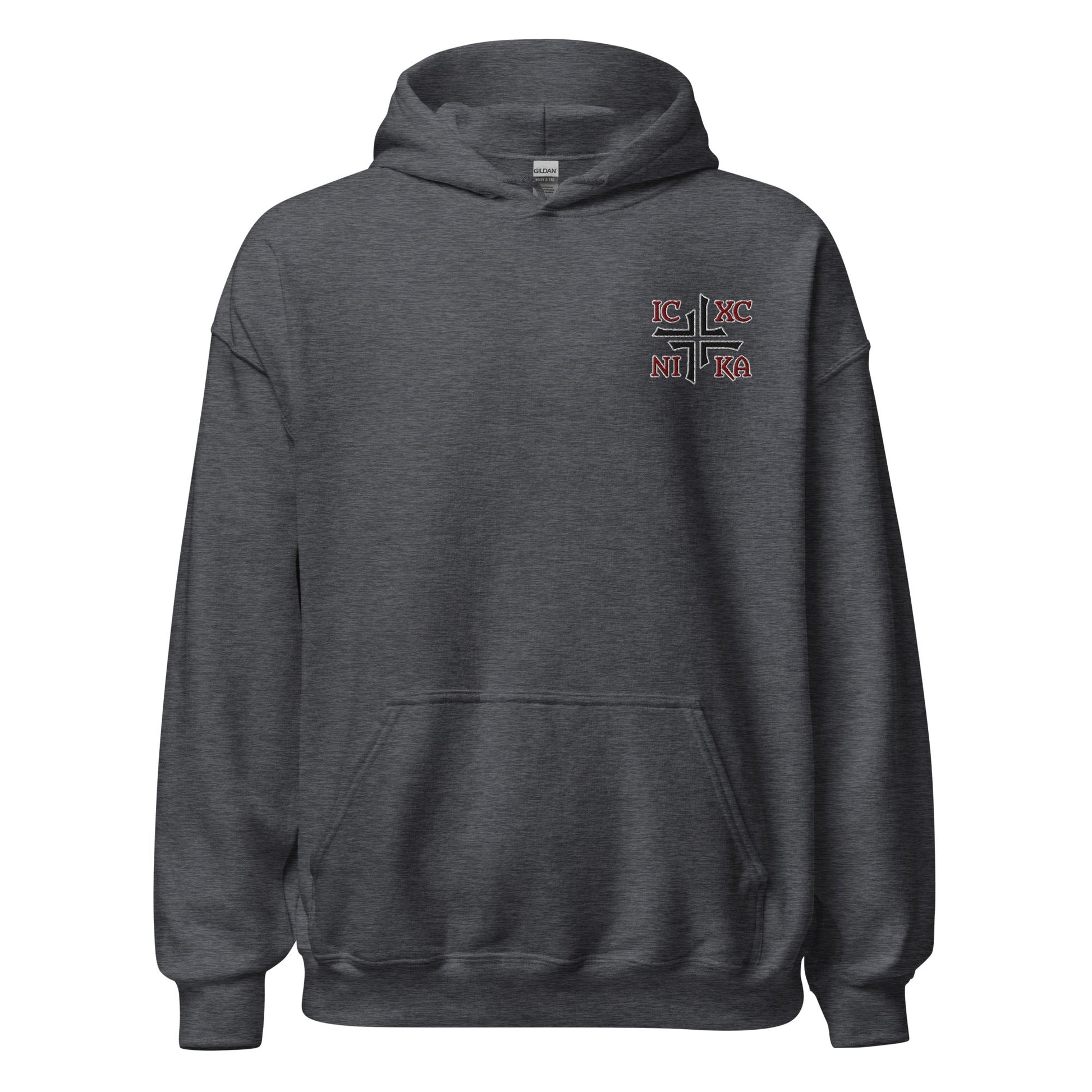 IC XC NIKA Jesus Christ Conquers Asymmetric Cross Emblem Embroidered Hoodie - Inken Image