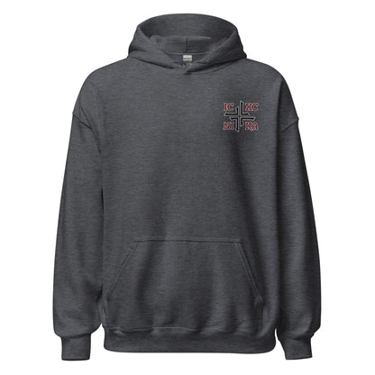 IC XC NIKA Jesus Christ Conquers Asymmetric Cross Emblem Embroidered Hoodie - Inken Image