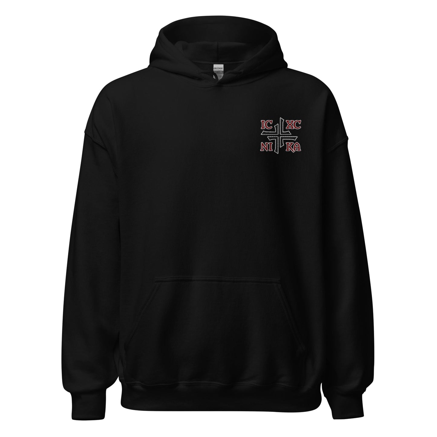 IC XC NIKA Jesus Christ Conquers Asymmetric Cross Emblem Embroidered Hoodie - Inken Image