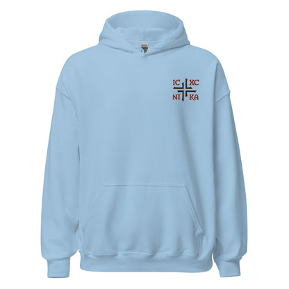 IC XC NIKA Jesus Christ Conquers Asymmetric Cross Emblem Embroidered Hoodie - Inken Image