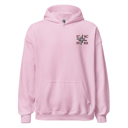 IC XC NIKA Jesus Christ Conquers Asymmetric Cross Emblem Embroidered Hoodie - Inken Image